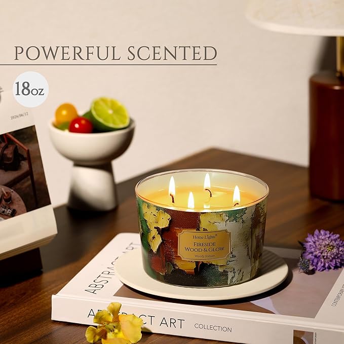 HomeLights 4-Wick Candles for Home Scented - 18oz Soy Wax Blend Candle Long-Lasting Fragrance, Industrial Chic Home Decor and Housewarming Gifts, Fireside Wood & Glow - Bloomnest