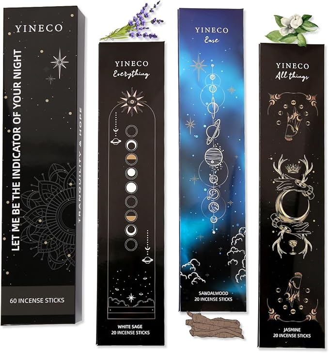 Incense Sticks Set of 60 - Organic Sandalwood, White Sage & Jasmine for Relaxation, Meditation & Aromatherapy, Long-Lasting Sensory Sticks (Black) YINECO
