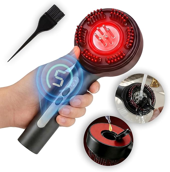 Electric Scalp Massager with Oil Applicator, 3-in-1 Head Massager Brush for Hair Care, Red Light Therapy, IPX7 Waterproof, Scalp Care Device for Home & Travel, Black Bloomnest