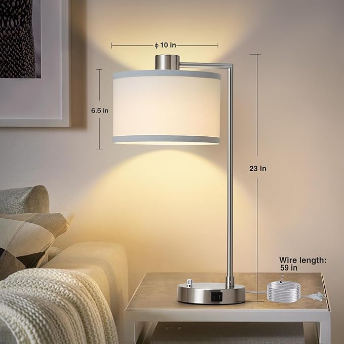 Luvkczc Table Lamps for Living Room with USB C+A Ports - Fully Stepless Dimmable Bedsides Lamp with Linen Lampshade, Lamps for Night Stands Bedroom Reading Office, 2 LED Bulbs Included (Silver) - Bloomnest