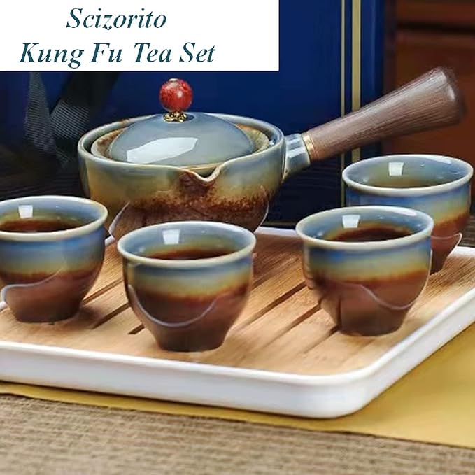 Ceramic Portable Travel Tea Set, Chinese Kungfu Tea Set with 360 Rotation Teapot and Infuser, 4 Tea Cups, Tea Tray And Travel Bag (Kiln Variant)