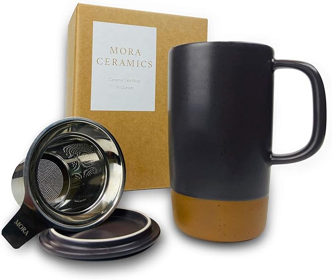 Mora Ceramics Large Tea Mug with Loose Leaf Infuser and Ceramic Lid, 18 oz, Portable, Microwave, Dishwasher Safe, Tall Coffee Cup - Rustic Matte Ceramic Glaze, Modern Herbal Tea Strainer, Nightwaves - Bloomnest