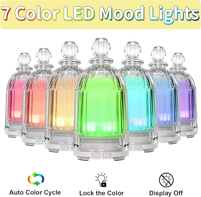 Glass Essential Oil Diffuser, Aroma Diffusers with Glass Cover & Plastic Reservoir Small Humidifiers with 7 Color LED Lights Auto-Off for Home Office Bedroom Yoga 120ml(White Bottom) - Bloomnest