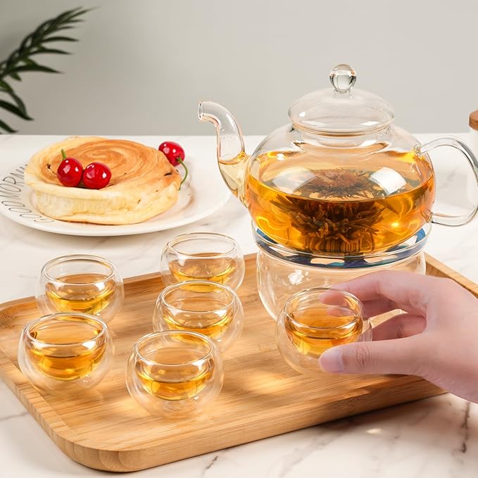 Glass Teapot Set, 27OZ/800ML Stovetop Safe Glass Tea Kettle with 6 Small Double Wall Tea Cups & Loose Tea Infuser & Tea Warmer, Microwave & Dishwasher Safe Tea Maker, Blooming Tea Gift Set - Bloomnest
