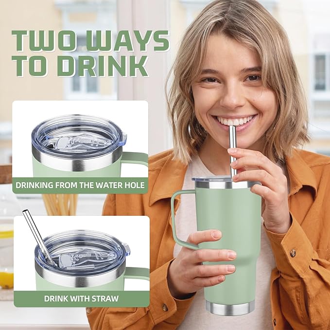 20 oz Tumbler with Handle Stainless Steel Insulated Coffee Tumbler with Lid and Straw Double Wall Vacuum Insulated Coffee Mug Leak Proof Travel Mug Tumbler for Hot and Cold Drink (Green Tea,8pack) - Bloomnest