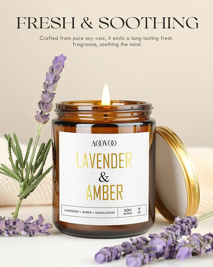 AOOVOO Lavender Amber Candles - 9 oz Scented Candles, Aromatherapy Candle, Soy Candle for Home Scented - Bloomnest