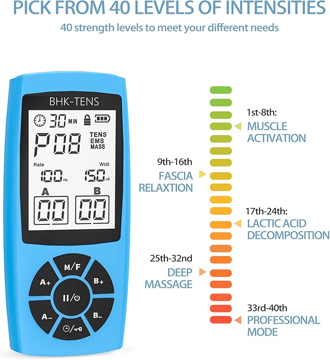 Rechargeable TENS Unit Machine for Pain Relief Therapy, Electronic EMS Muscle Stimulator for Shoulder Pain Relief, TENS&EMS Stimulator for Back Pain, Shoulder Neck Pain Relief, Sciatica Pain, Blue BHKTENS