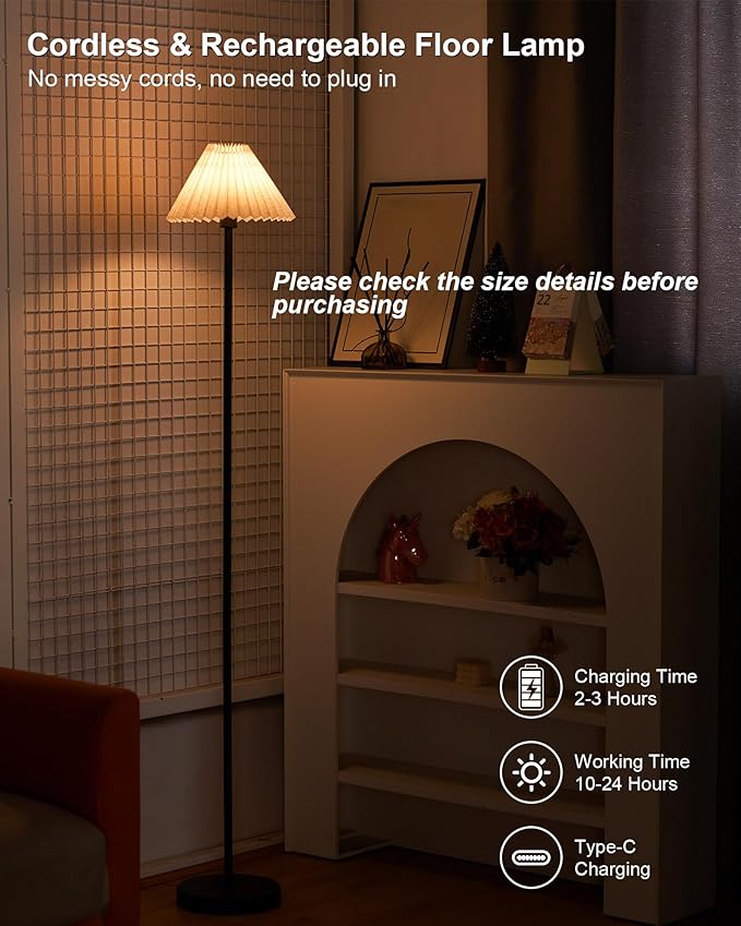 UMEXUS Cordless Floor Lamp for Bedroom, Rechargeable Battery Operated with Remote & Timer, Dimmable RGB, Pleated Standing Light Small Corner Pole Lamps for Living Room Bedside Outdoor Patio Home Decor - Bloomnest