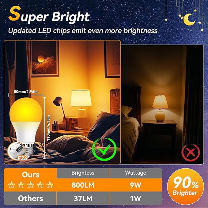 Neporal Amber Sleep Light Bulbs 1800K 3PK, 9W 60 Watt Equivalent, 99.96% Blue Blocking Soft Warm Light Bulbs A19, Amber Night Light E26 for Bedroom and Baby Nursery Light - Bloomnest
