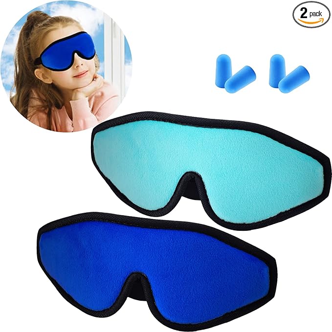 2 Pieces 3D Sleep Mask for Kids Memory Foam Contoured Eye Mask, Travel Sleep Eye Cover with Adjustable Strap, 3D Blindfolds(Blue and Green) - Bloomnest