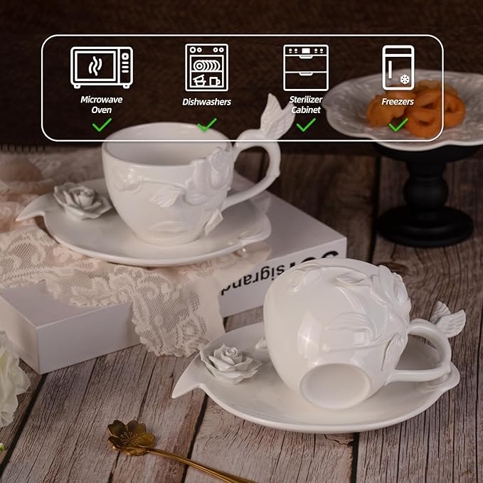 KAMMAK Tea Cups and Saucers Set of 2, Porcelain Coffee Cups, 8.5-Ounce Stackable Espresso Mugs, Ceramic Demitasse for Coffee, Latte, Americano, Tea, Cubic Rose - Bloomnest