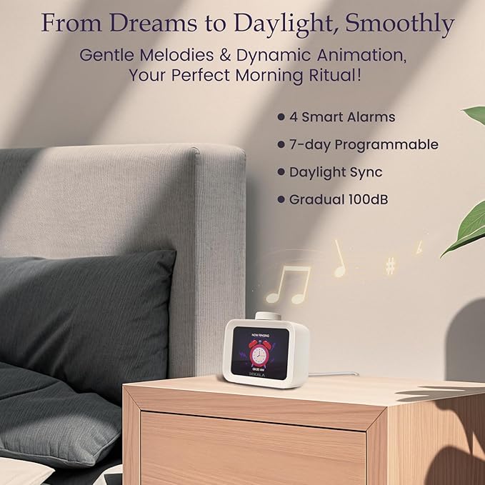 Dekala AuraDot 7-Day Programmable 4 Alarm Clock w/Temperature Humidity Monitor, White Noise Sound Machine for Sleep 30 Non-Loop Soothing Sounds, Timer/Play All Night, IPS Screen Sleep Animation,