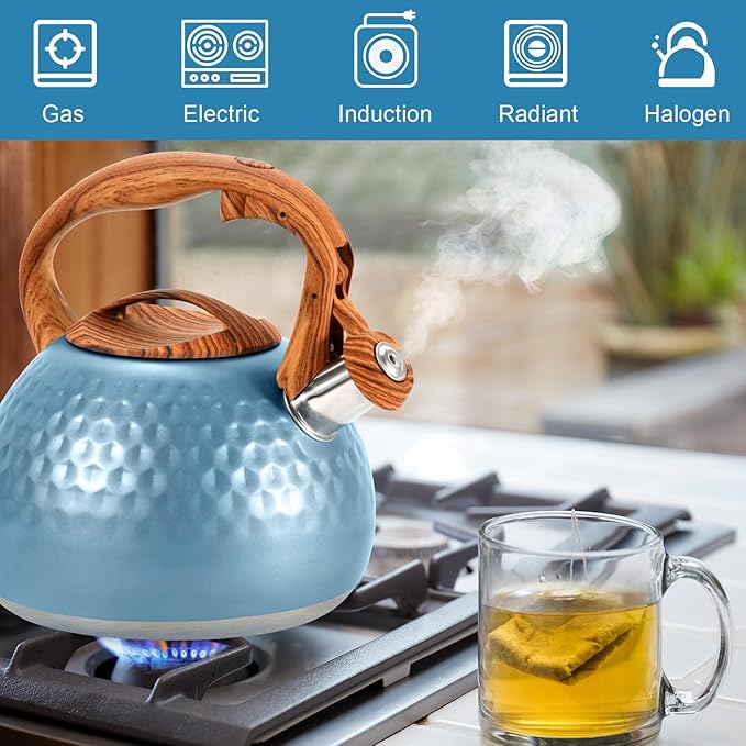 GGC Tea Kettle for Stove Top, Loud Whistling Kettle for Boiling Water Coffee or Milk, 3.1 Quart 3L Heavy Stainless Steel Blue Kettle with Wood Pattern Handle, Unique Button Control Kettle Outlet - Bloomnest