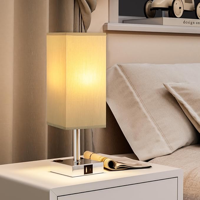 Touch Bedside Table Lamp Set of 2-3-Way Dimmable Night Lamp with USB A + Type C Charging Ports and Two AC Outlets, Small Desk Light with E26 LED Bulb for Bedroom Living Room Dorm Office - Bloomnest