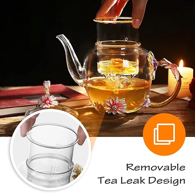 Luka Tech 35OZ Enamel Glass Flower Teapot With Removable Loose Tea Leaf Infuser Tea Maker,Gifts For Women,Mom,Mothers Day,Christmas,Birthday,Valentines Day