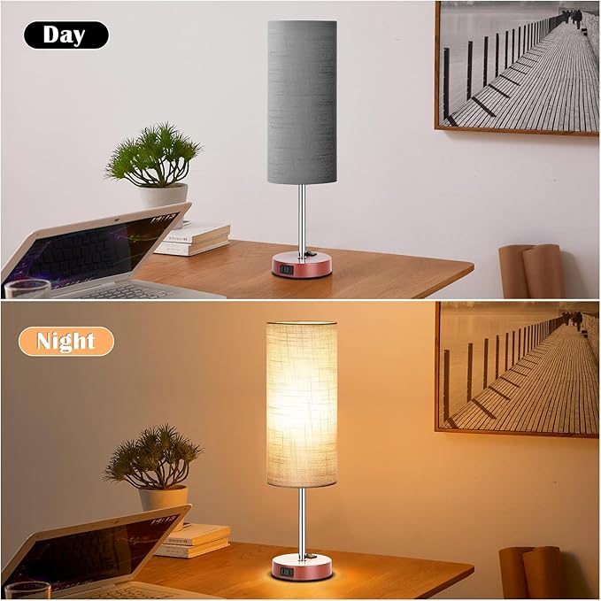 ZJOJO Table Lamp for Bedroom 2 Pack,18in Bedside Lamps with 3 Way Dimmable Rocker Switch & AC Outlet,Nightstand Desk Lamp with Gray Fabric Shade Brown Base for Living Room Home Decor Lights - Bloomnest