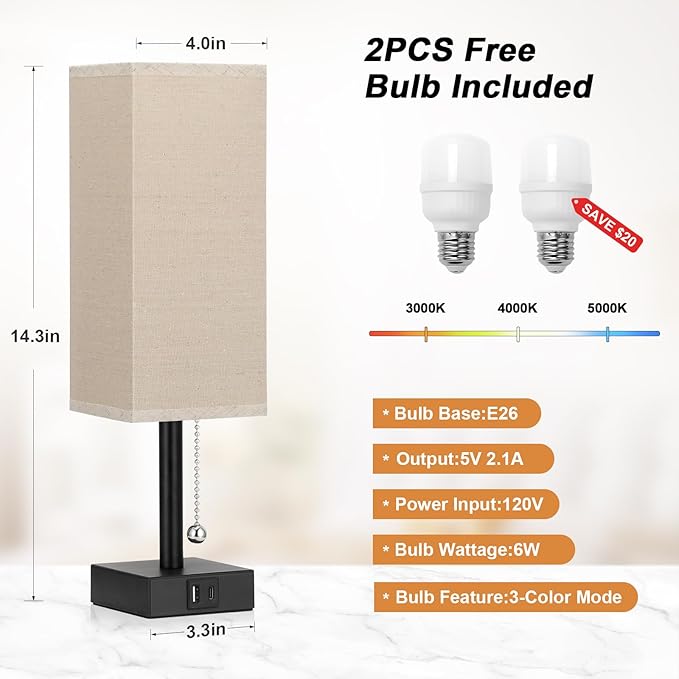 Beige Bedside Table Lamps Set of 2 - Square Bedroom Lamps with 3 Color Temperatures (3000K/5000K/4000K), Nightstand Lamps with USB C + A Charging Ports, Pull Chain Small Night Light for End Table - Bloomnest