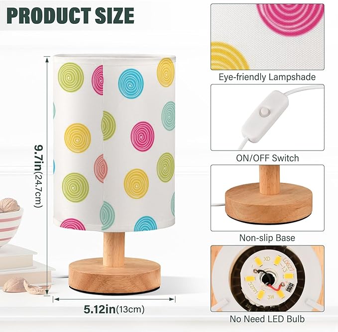 Table Lamp Summer Polka Dot Pattern Nightstand Lamp with Wood Base Fabric Lamp Shade Bedside Desk Lamp for Living Room Bedroom Kids Room Office - Bloomnest