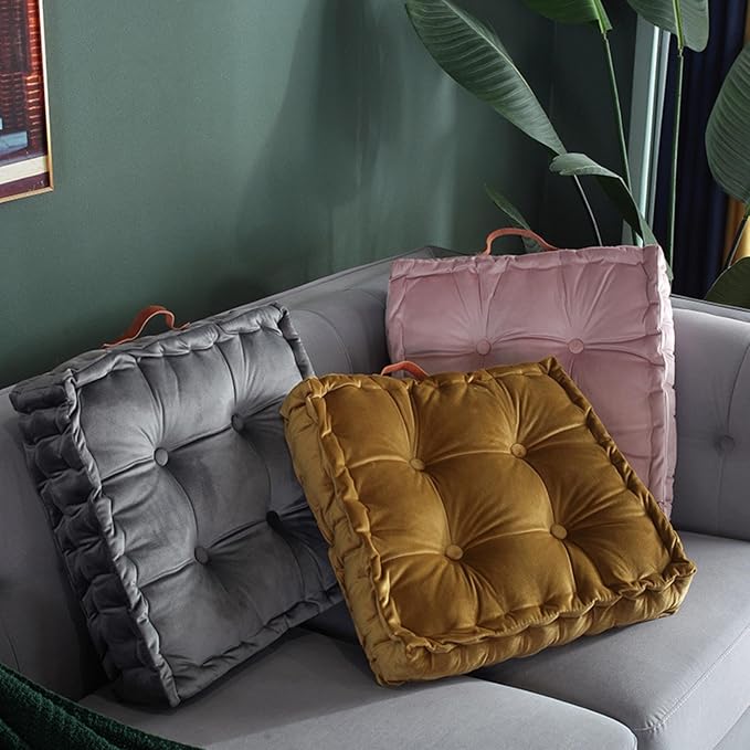 Floor Cushion Pillow, 16.5" Square Floor Cushion Seating for Adults Velvet Thick Meditation Cushion with Handles Decorative Floor Pillow for Yoga Living Room Bedroom Tatami, Dark Green - Bloomnest