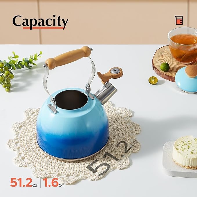 ROCKURWOK Tea Kettle, Tea Pot with Cool Touch Ergonomic Handle, Teapot Food Grade Stainless Steel, Tea Kettle Stovetop, Kettle Teapot, Whistling Tea Kettle, Small Tea Pot, 1.6 Quart (Blue) - Bloomnest