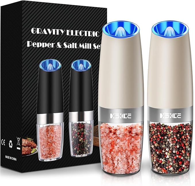 XinXu Gravity Electric Pepper and Salt Grinder Set, Adjustable Coarseness, with LED Light, One Hand Automatic Operation (Set/Khaki X) - Bloomnest