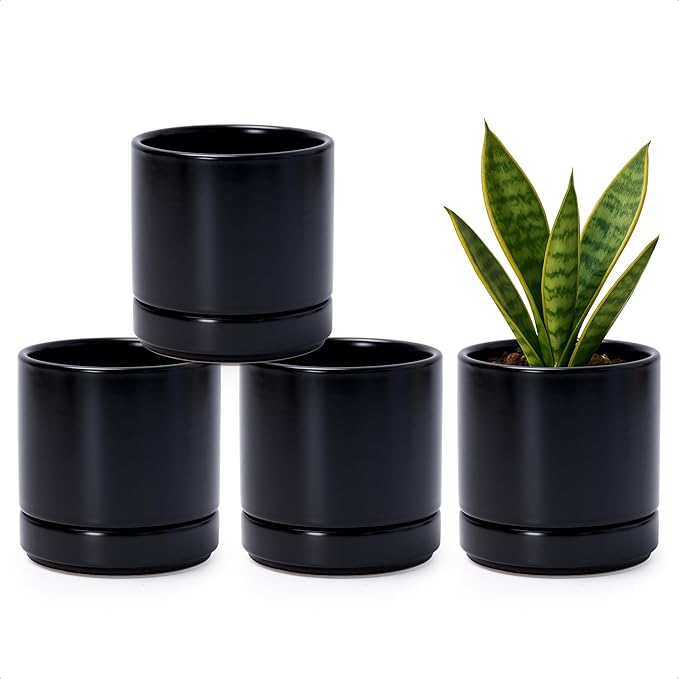 D'vine Dev Set of 4 Small Ceramic Plant Pots, 4.7 Inch Succulent Planter Pot for Plants with Drainage Hole and Saucer, Black, 94-X-B-2 - Bloomnest
