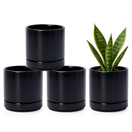 D'vine Dev Set of 4 Small Ceramic Plant Pots, 4.7 Inch Succulent Planter Pot for Plants with Drainage Hole and Saucer, Black, 94-X-B-2 - Bloomnest