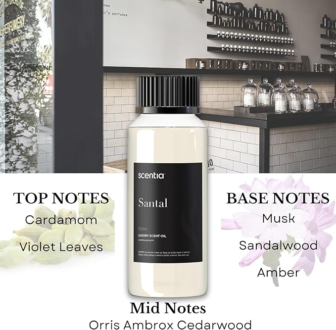 Scentia Santal Diffuser Oil 120ml – Luxury Santal-Inspired Oil – Cedarwood, Amber, Musk, Vanilla – Essential Oil Blend for Large Rooms, Cold-Air Diffusers, HVAC & Ultrasonic Use Scentia