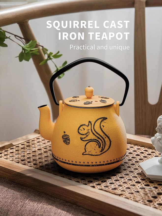 Toptier Teapot with Removable Infuser, Cast Iron Tea Kettle Stovetop Safe, Squirrel Design Tea Pot Coated with Enameled Interior for 32 Ounce (950 ml), Orange - Bloomnest