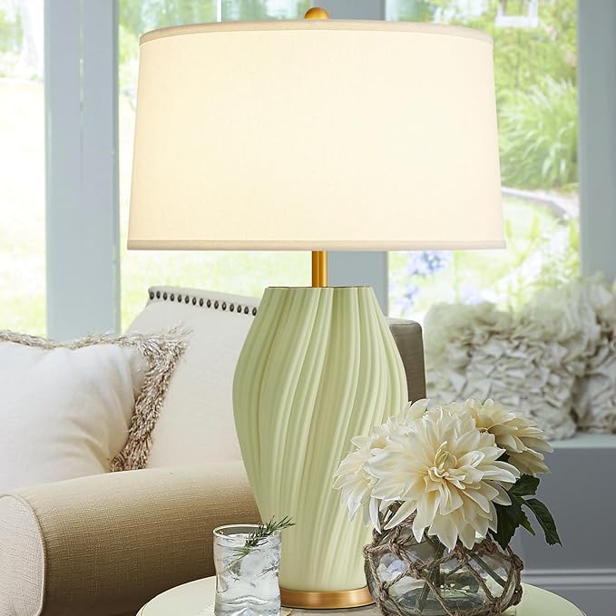 Modern Textured Ceramic Large Table Lamps 26.75", Sage Green Plug in Table Lamp Decor for Living Room Bedroom Bedside Tables Office Desk End - Bloomnest