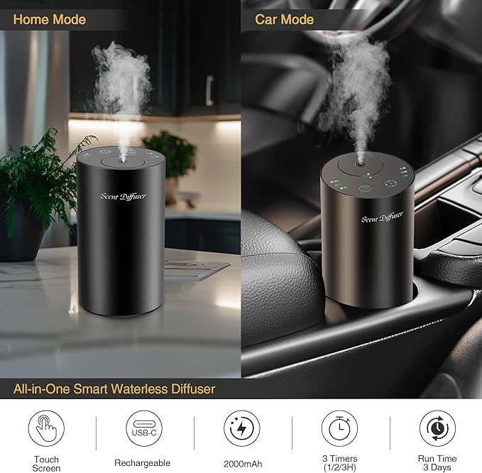 Waterless Essential Oil Diffuser Starter Kit - No Water Needed, Battery Operated Mini Scent Air Machine, Included 3x20ML Essential Oils, Portable Aromatherapy Diffuser for Home & Car, Black, 2Pack - Bloomnest