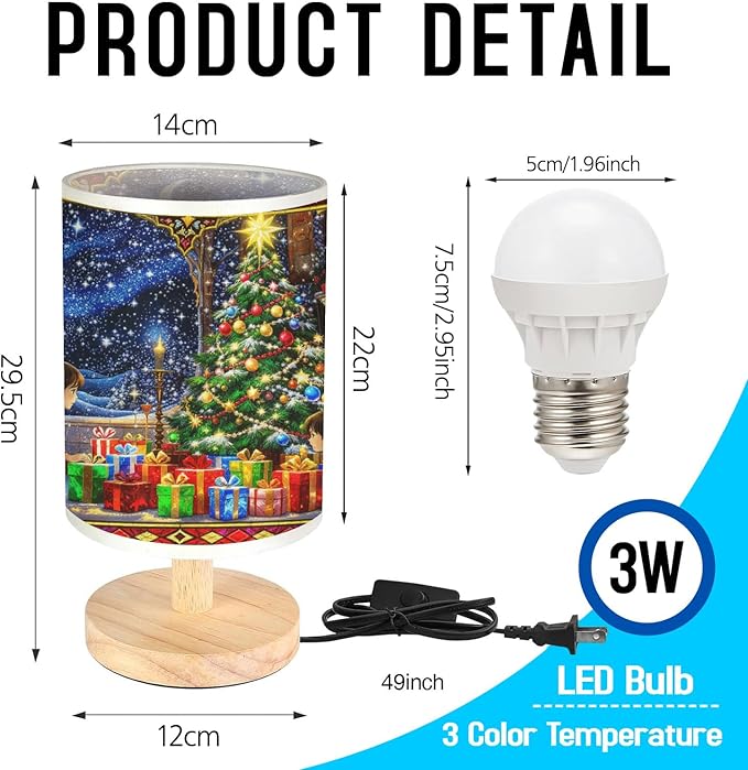 Christmas Eve Table Lamp LED 3-Color Pressed Bedside for Merry Christmas, Christmas Eve Shade Christmas Table Lamp with Wood Base for Bedroom Living Room Desk Office - Bloomnest