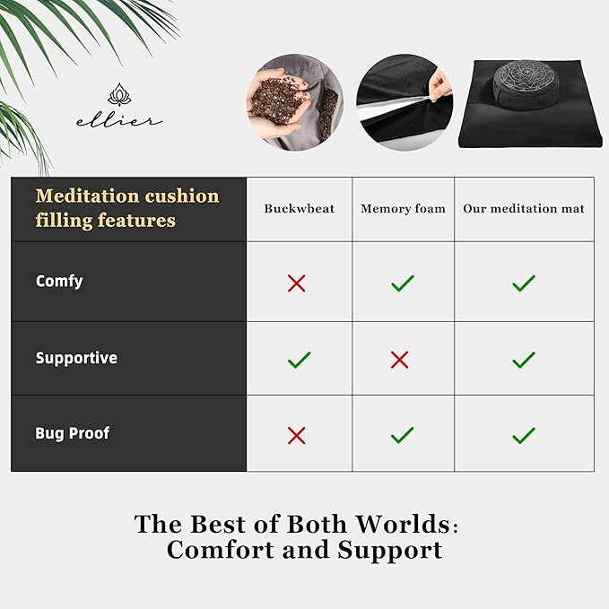 Zafu & Zabuton Meditation Cushion Set - Buckwheat Hull & Memory Foam Pillows, Ergonomic Support for Yoga, Mindfulness - Organic Velvet Cover, Large Size, Durable Comfort (Black) - Bloomnest