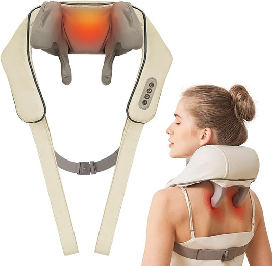 Neck Massager with Heat, Cordless Neck and Shoulder Massage, Rechargeable Shiatsu 6D Kneading Massager for Pain Relief Deep Tissue, Gift for Mom&Dad (Light Beige)
