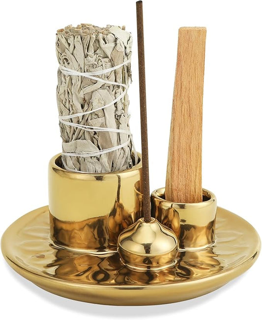 Handmade Ceramic Incense Burner for Palo Santo Incense Sticks, 4 in 1 Multi-Purpose Sage Holder for Burning, Ash Catcher Tray for Meditation Yoga Room (Golden) ToolSentryX