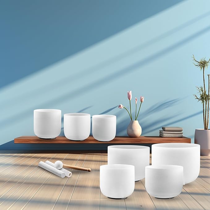 Ryan Dvan 432Hz 7-12 Inch 7 Chakra Crystal Singing Bowl Set Frosted Quartz Crystal Sound Therapy Kit with Suede Mallets 2 Travel Cases O-Ring Tool for Yoga Meditation Energy Balancing Reiki Healing - Bloomnest