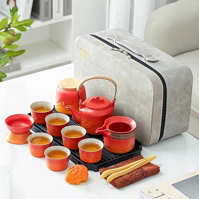 ICHAG Chinese Tea Set, Japanese Tea Sets for Adults, 15-Piece Porcelain Gongfu Tea Set with Tea Pet & Tea Tray, Japanese Teapot Set, Travel Tea Party Set, for Home/Office/Outdoor/Gifts (Red) - Bloomnest