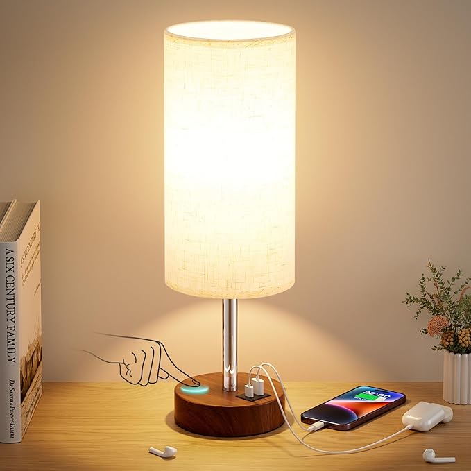 Dicoool Touch Bedside Table Lamp with USB - 3 Way Dimmable Redwood Lamps for Bedroom Nightstand, Desk Lamp with Charging Station for Dorm, Living Room, Office, Kids Room, Nursery - Bloomnest