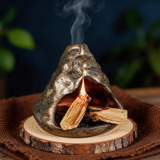 Black Gold Palo Santo Incense Burner-Unique Zongzi-Shaped Clay Smudge Bowl for Sage,Copal, and Stick Incense-Mini Chiminea for Zen Meditation,Yoga,Altar,Aromatherapy & Energy Cleansing Decor MOUGIGI