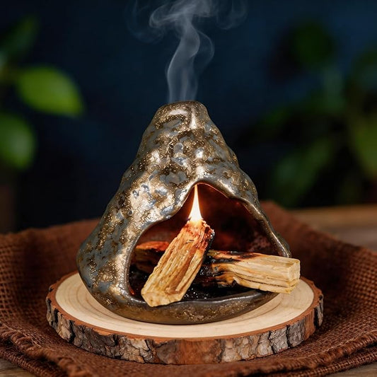 Black Gold Palo Santo Incense Burner-Unique Zongzi-Shaped Clay Smudge Bowl for Sage,Copal, and Stick Incense-Mini Chiminea for Zen Meditation,Yoga,Altar,Aromatherapy & Energy Cleansing Decor MOUGIGI
