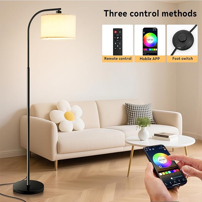 Floor Lamp for Living Room with Remote,Dimmable Tall Standing Lamps,Modern Floor Light with Smart RGB Bulb,App Control,3 Color Temperatures,Fabric Shades,Gold Floor Lamp for Bedroom Office Corner - Bloomnest