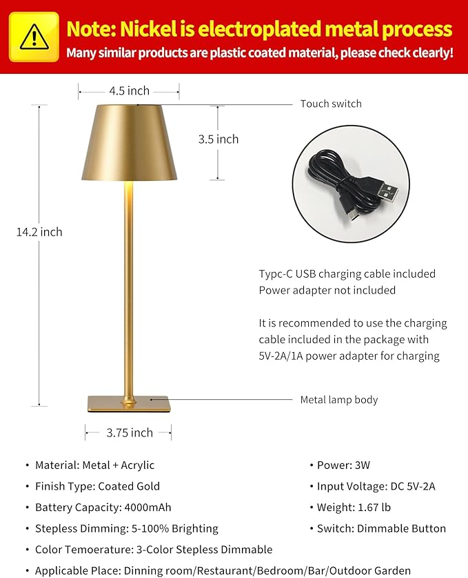KDG 2 Pack Cordless Table Lamp, Portable LED Desk Lamps, 5000mAh Battery Operated, 3 Color Stepless Dimming Up, for Restaurant, Bedroom, Outdoor Camping, Coffee Shop, Night Light, Rechargeable (Gold) - Bloomnest