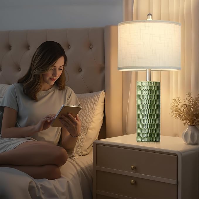 Modern Ceramic Table Lamps for Night Stands - Bedside Lamps Set of 2 for Nightstand, 27" Green Elegant Bedroom Lamp for Night Stand Desk Side End Table Home Decor(2 Bulbs Included) - Bloomnest