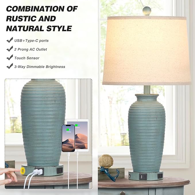 25" Farmhouse Jar Table Lamps Set of 2, 3 Way Touch Control Rustic Bedside Lamps with USB A+C Ports & AC Outlet, Pot Nightstand Lamps for Bedroom Living Room (LED Bulbs Included) - Bloomnest