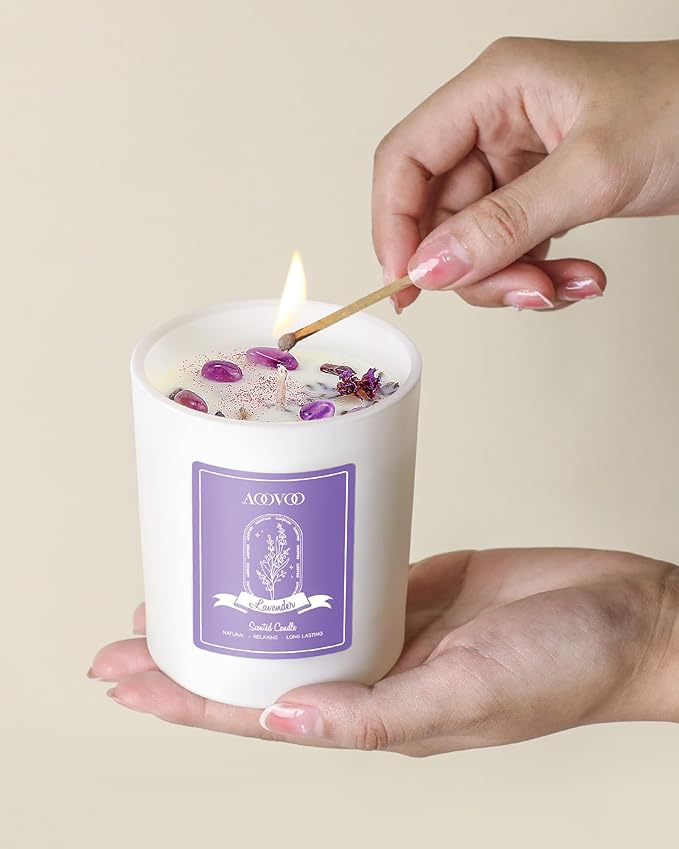 AOOVOO Lavender Scented Candles for Women - Aromatherapy Candle with Crystals Inside, 10oz Soy Candles for Home Scented, Birthday Gifts Christmas Candle for Women Mom - Bloomnest