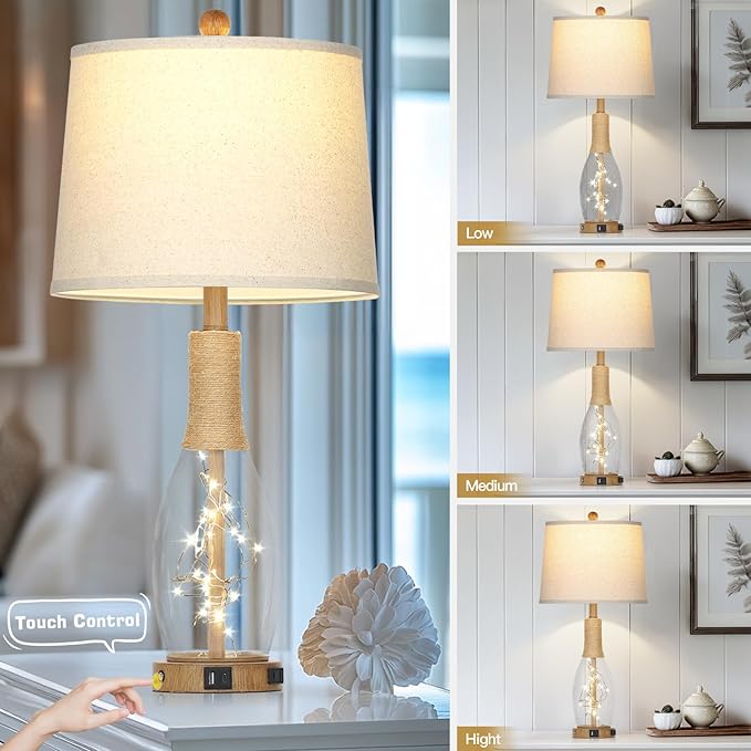 28" Coastal Table Lamps for Bedroom Set of 2, Farmhouse Glass Lamps with 3-Way Dimmable Touch Control Fairy Lights & Type-C Charging for Living Room Nightstand, Beach Nautical Bedside Lamp Rustic Wood - Bloomnest