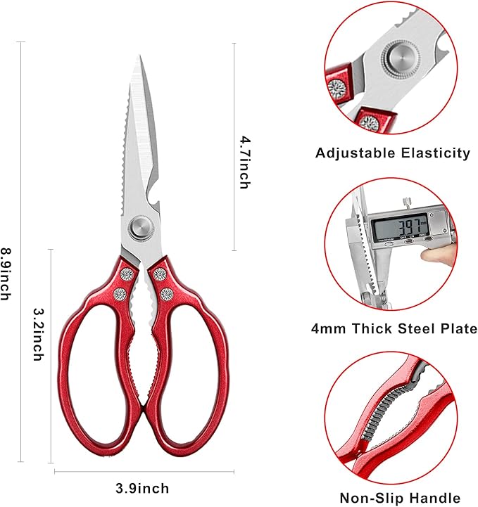 AWinjoy Heavy Duty Sharp Kitchen Scissors, Dishwasher Safe, Cooking Shears for Meat, Chicken, Fish, Poultry, Herb, Bread (Red) - Bloomnest