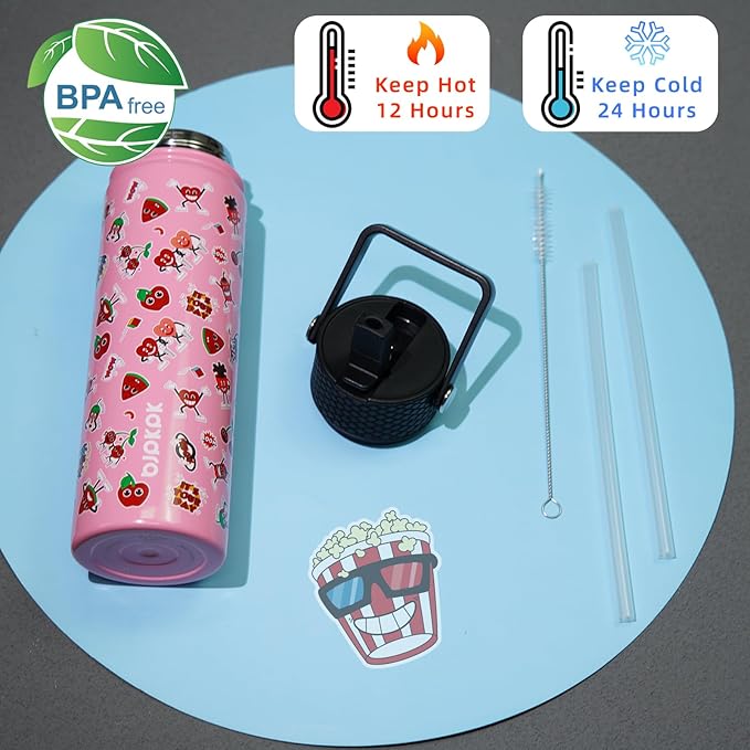 BJPKPK Insulated Water Bottle with Straw Lid, 22 oz Stainless Steel Metal Water Bottles, Reusable Leak Proof BPA Free Water Bottles, Cups, Thermo, Passionate-Pink - Bloomnest