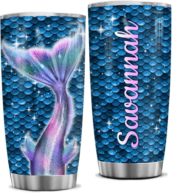 winorax Personalized Mermaid Tumbler Mermaids Tail Pattern Design Tumblers Stainless Steel 20oz 30oz Travel Cups Unique Gifts for Women Girls Kids Birthday Christmas Xmas Presents Idea - Bloomnest