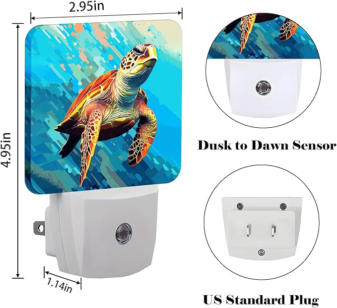 Watercolor Wild Turtle Night Light,Plug Into Wall for Boys Girls Bedroom Decorative Square Night Light Lamp 0.5w Sleep Friendly
